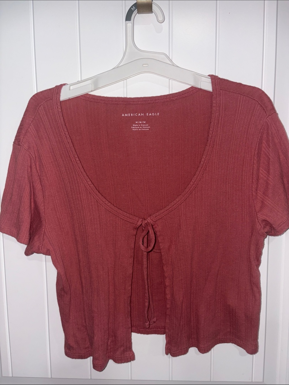 American Eagle Outfitters Dusty Rose Tie-Front Ribbed Crop Top